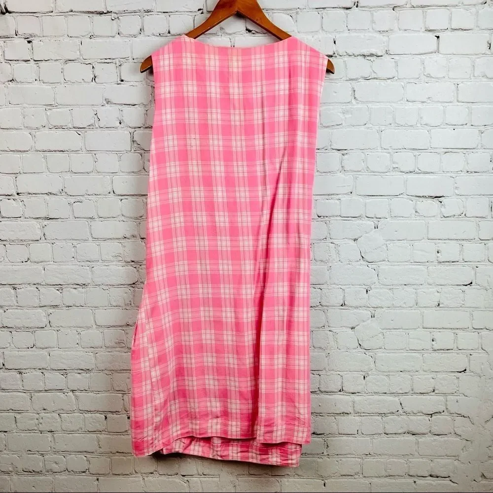 Vintage Pink Plaid Midi Dress Crew neck Sleeveless contour empire waist - Picture 9 of 11